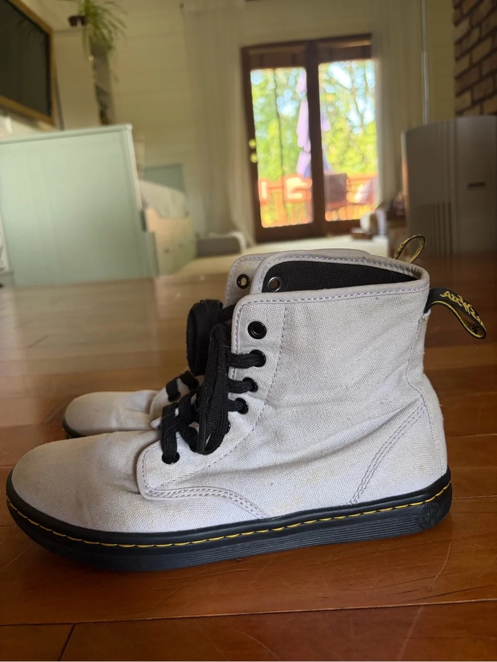 Dr. Martens Light Gray Canvas Chukka Boots with Black Laces